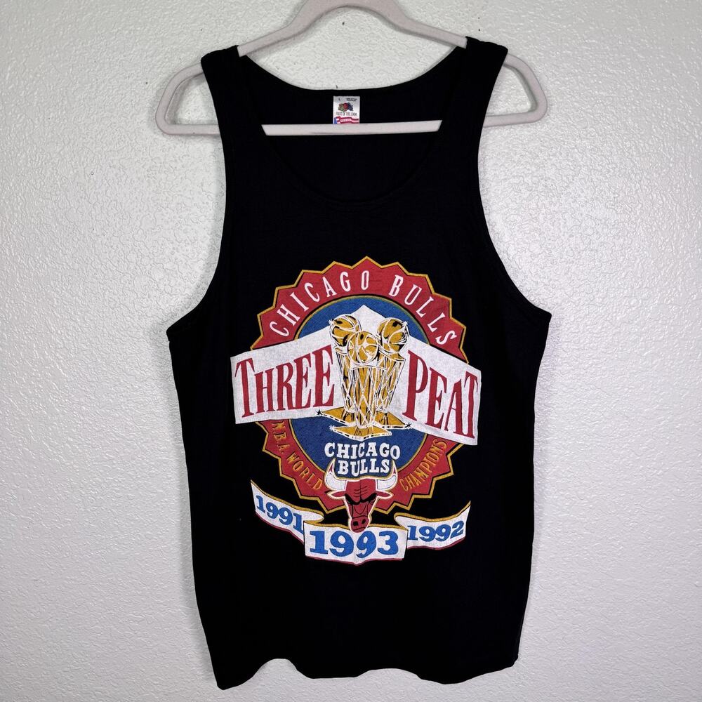 Vintage Chicago Bulls Shirt Mens Large Three Peat Graphic Tank Top NBA 90s Black